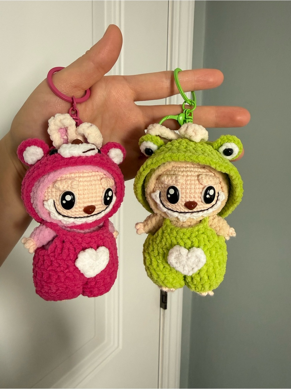 Handmade Crochet Labubu.Hot Pink & Green Frog Plush Keychain. Stuffed Animal